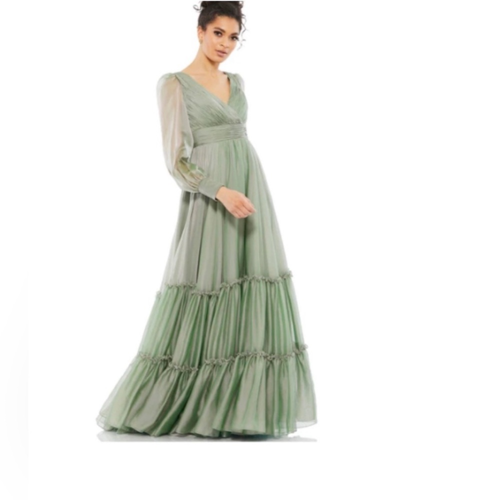 Mac Duggal FAUX WRAP ILLUSION BISHOP SLEEVE TIERED GOWN Sage NWT